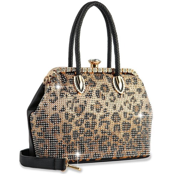 Women Leopard A-Frame Rhinestone Covered Tote Bag Women Medium Satchel Bag - Picture 2 of 2